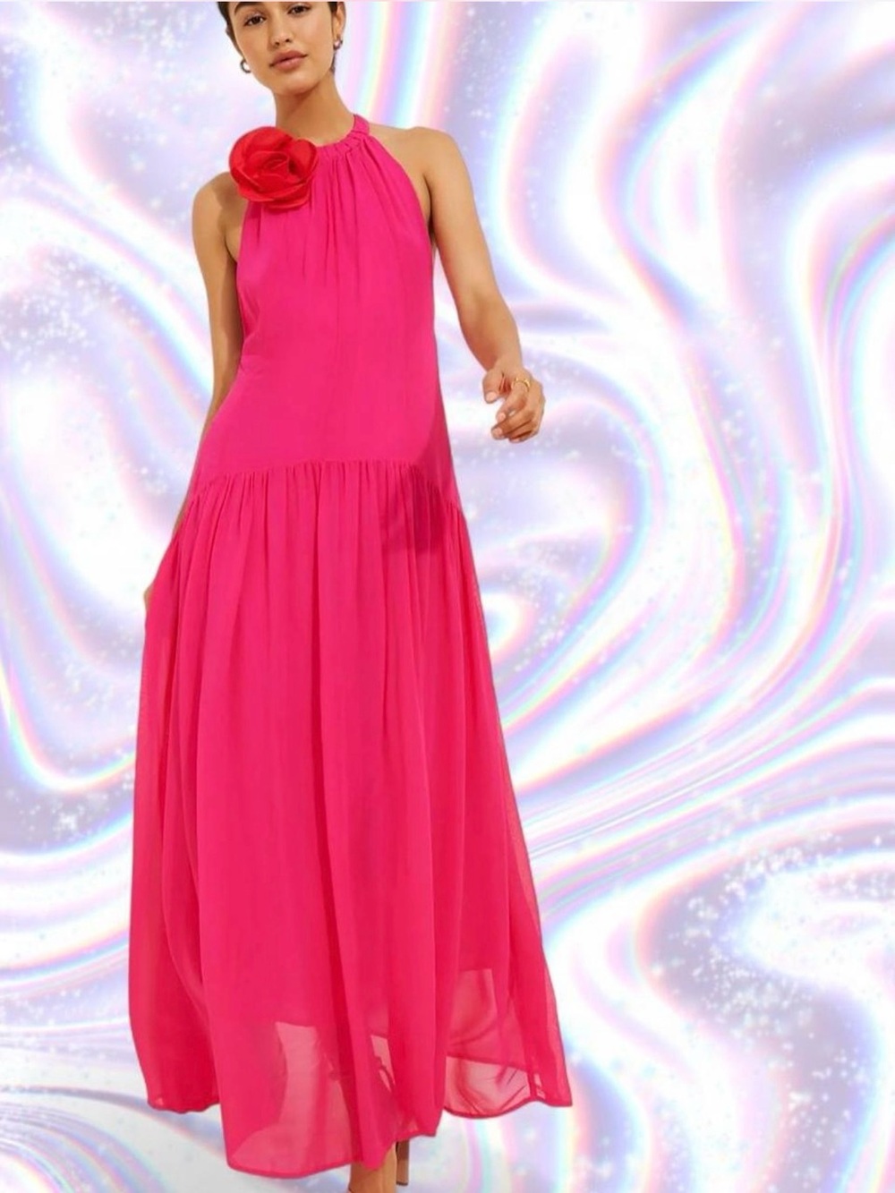 FARM Rio Hot Pink Halter Maxi Dress with Floral Accent